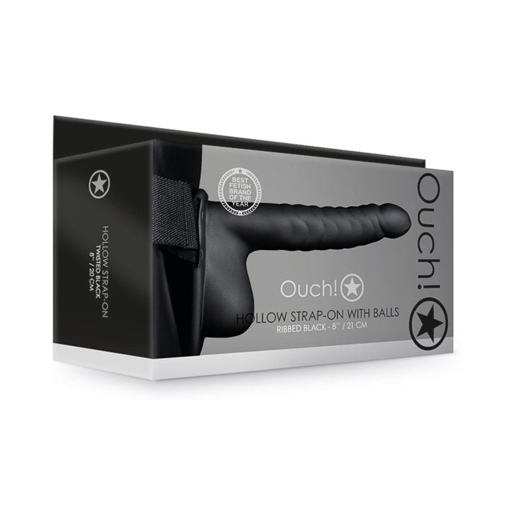 Ouch! Ribbed 8 inches Hollow Strap-On with Balls Black