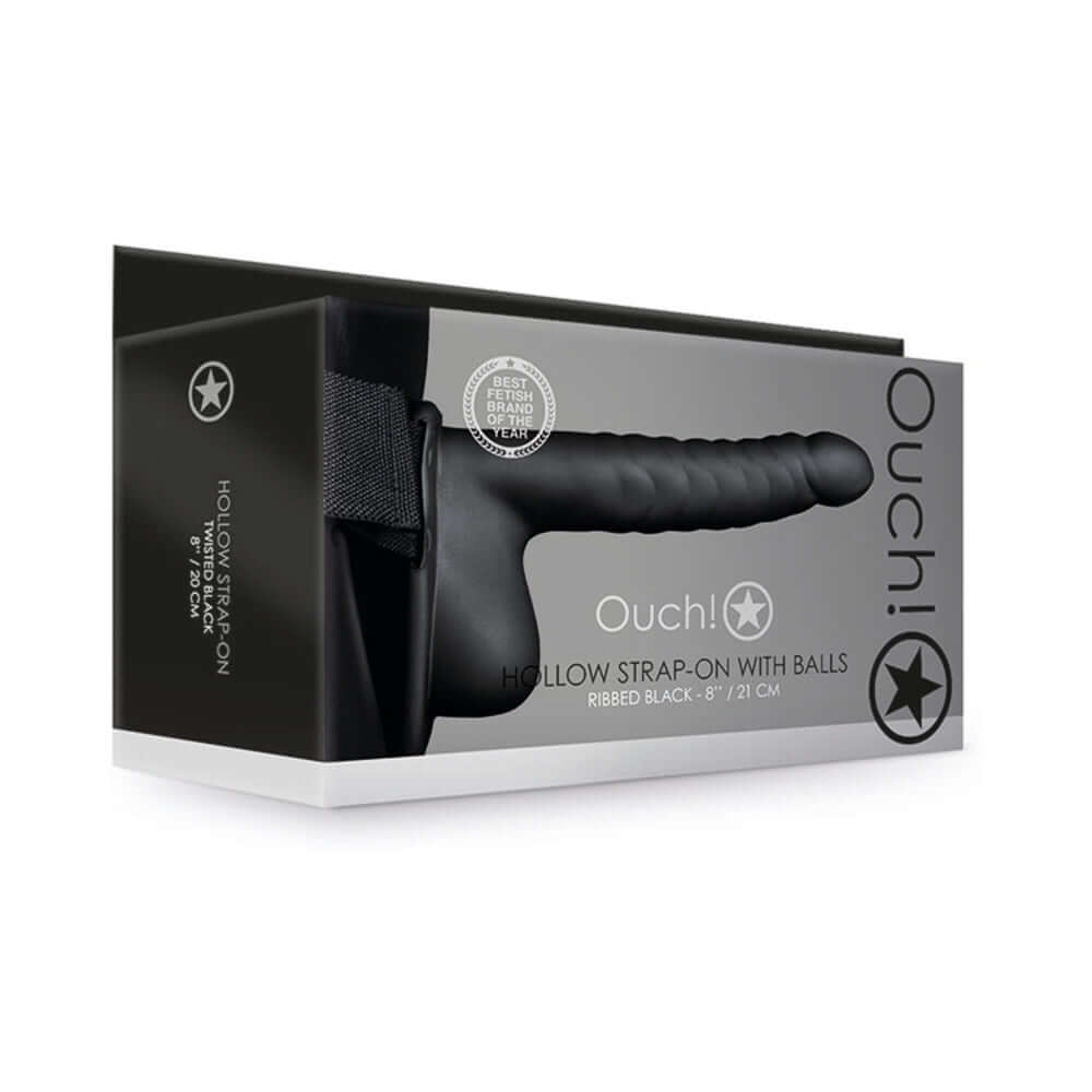 Ouch! Ribbed 8 inches Hollow Strap-On with Balls Black