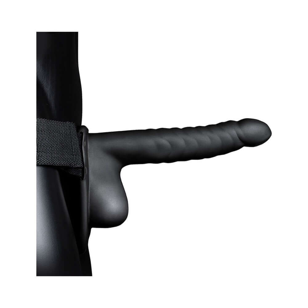 Ouch! Ribbed 8 inches Hollow Strap-On with Balls Black