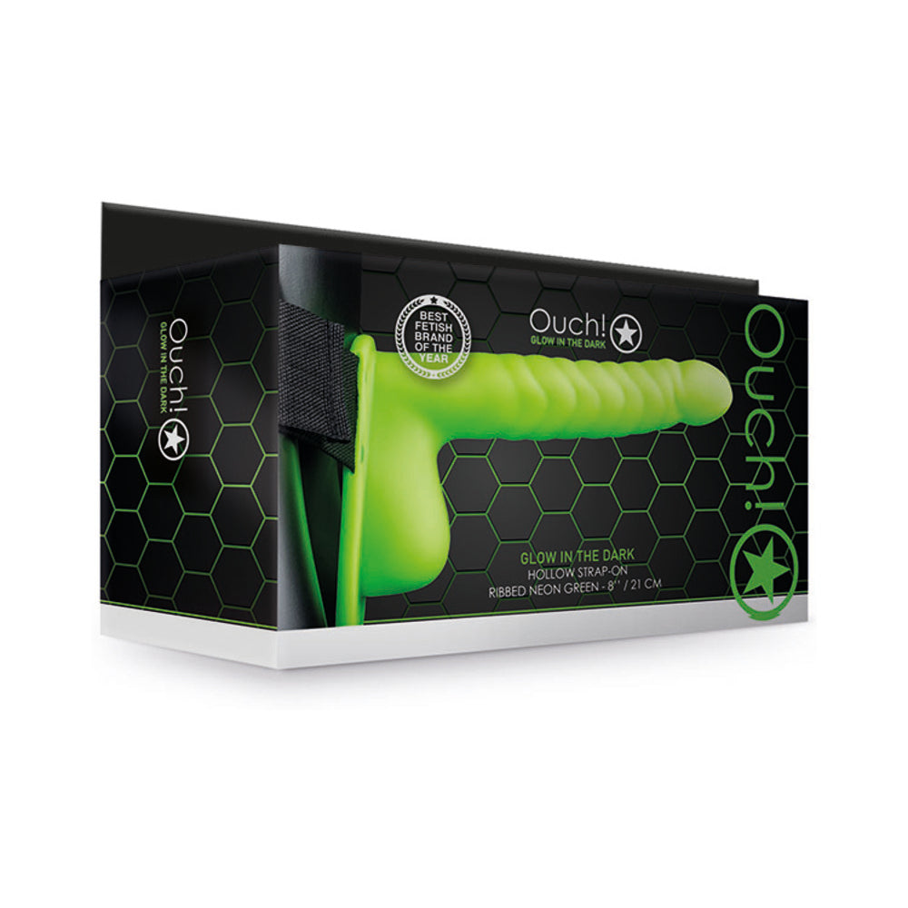 Ouch! Ribbed 8 inches Glow in the Dark Hollow Strap-On with Balls Neon Green