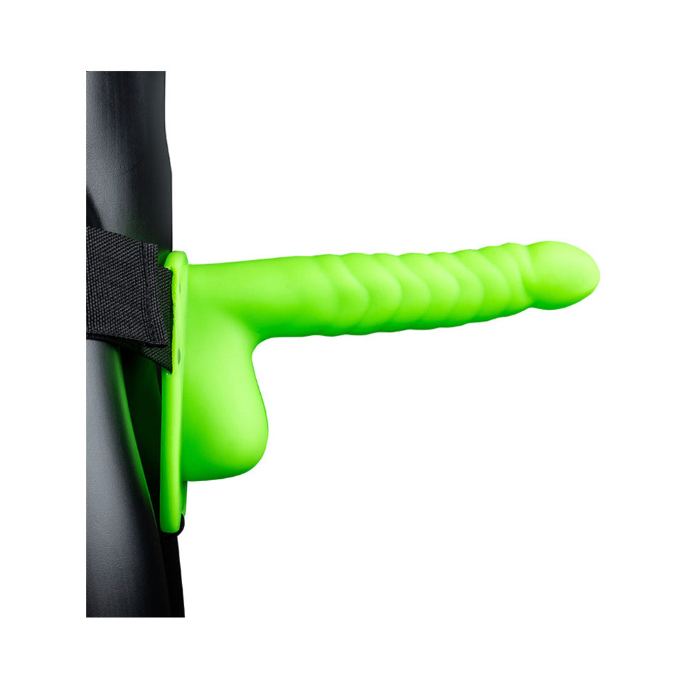 Ouch! Ribbed 8 inches Glow in the Dark Hollow Strap-On with Balls Neon Green