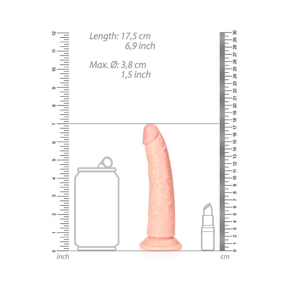 RealRock Realistic 6 inches Slim Dildo With Suction Cup Beige shown next to a can and a small bottle for size comparison