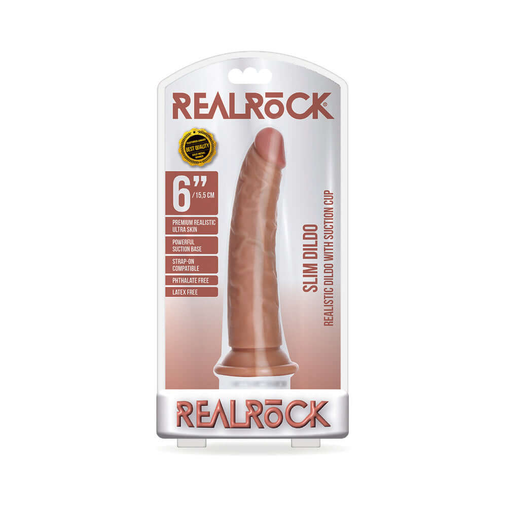 RealRock Realistic 6 inches Slim Dildo With Suction Cup Tan packaging display with detailed features.