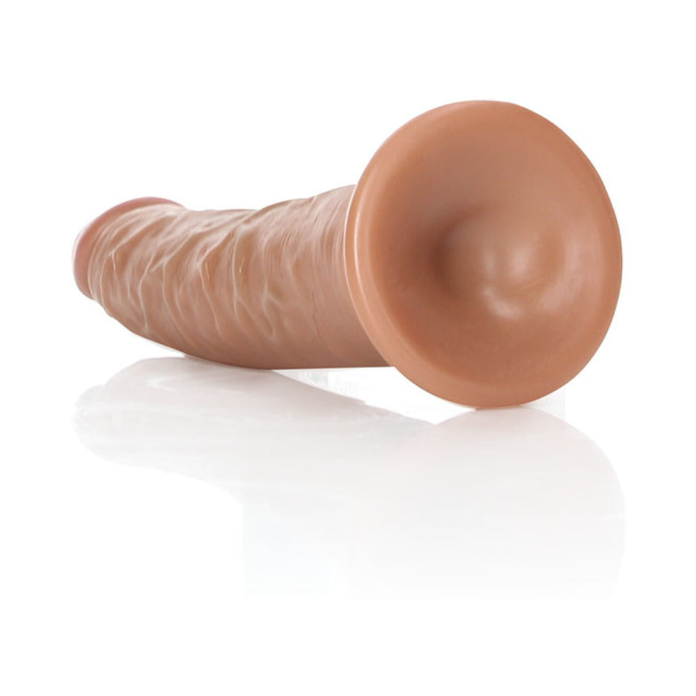 RealRock Realistic 6 inches Slim Dildo With Suction Cup Tan showcased on a reflective surface.