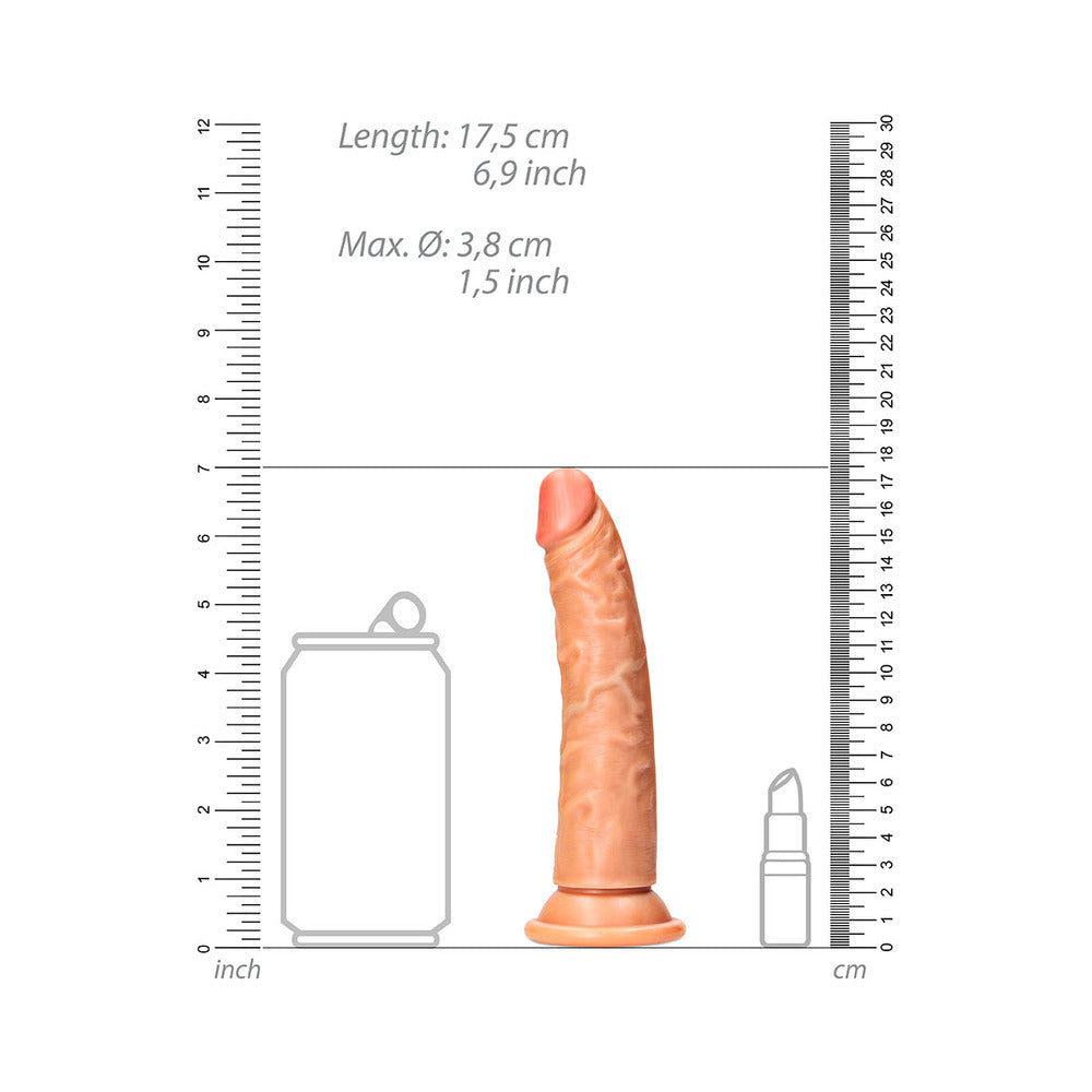 Image of RealRock Realistic 6 inches Slim Dildo With Suction Cup Tan next to a can for size reference.