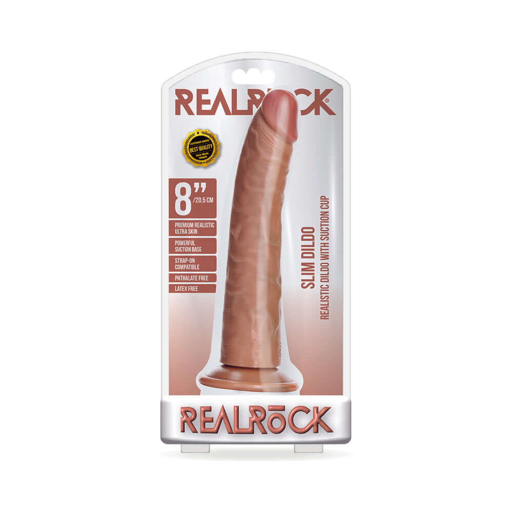 RealRock Realistic 8 inches Slim Dildo With Suction Cup Tan packaging showcasing its lifelike design.