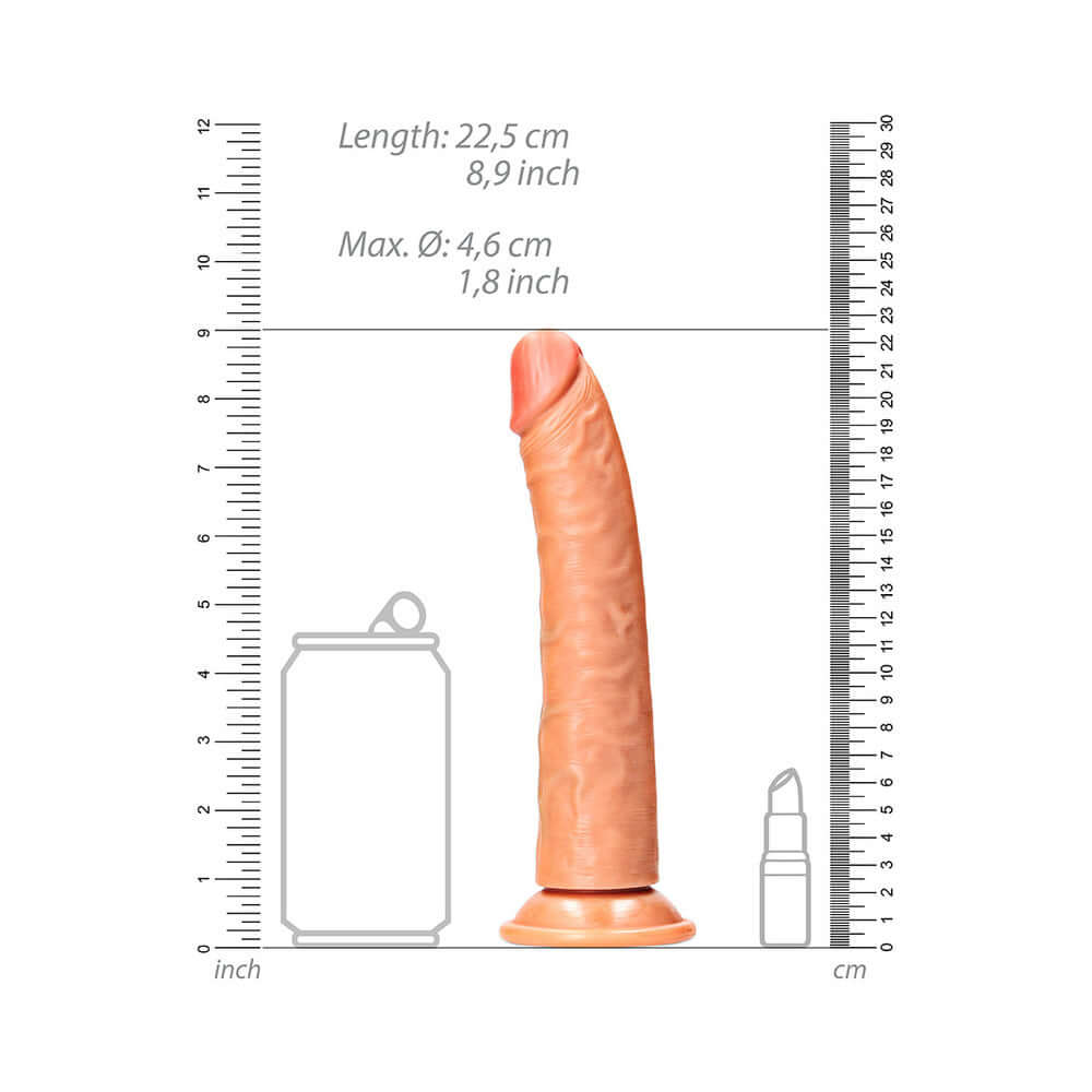 RealRock Realistic 8 inches Slim Dildo With Suction Cup Tan alongside measurement guide and comparison to common objects.