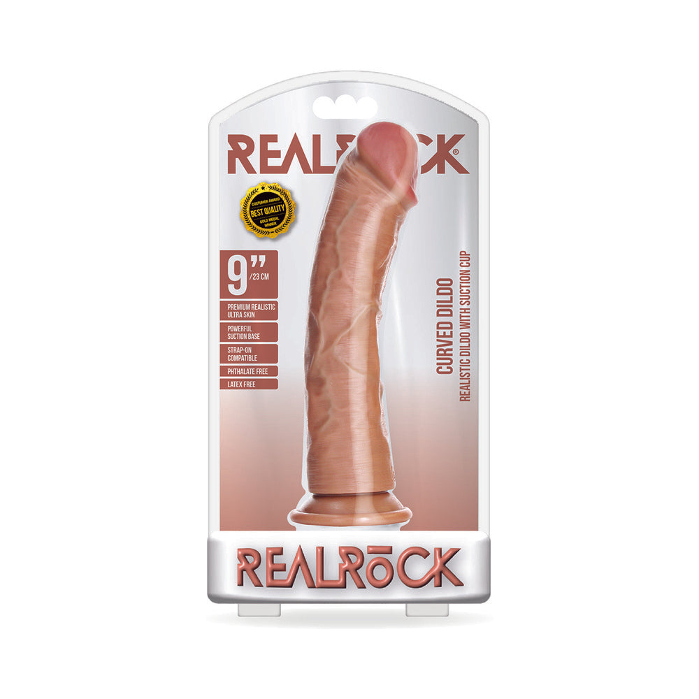 RealRock Realistic 9 inches Curved Dildo With Suction Cup Tan
