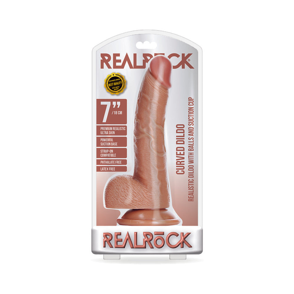 RealRock Realistic 7 inches Curved Dildo With Balls and Suction Cup Tan