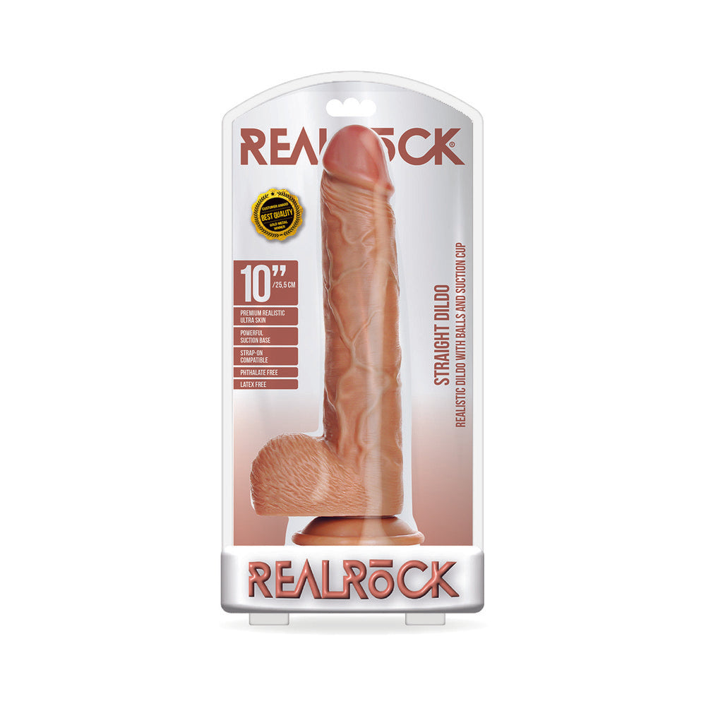 RealRock Realistic 10 inches Straight Dildo With Balls and Suction Cup Tan