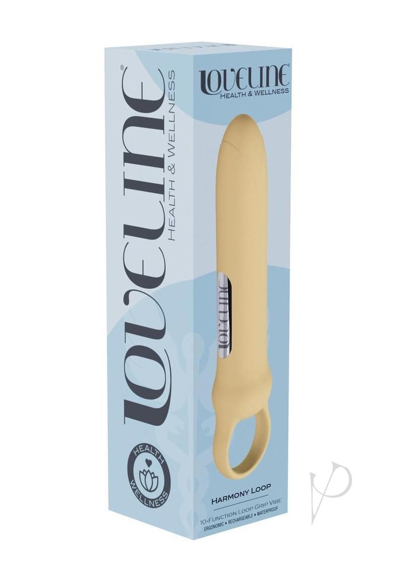 Loveline Harmony Loop 10 Function Bullet Massager Yellow in packaging, highlighting ergonomic design and 10 functions.