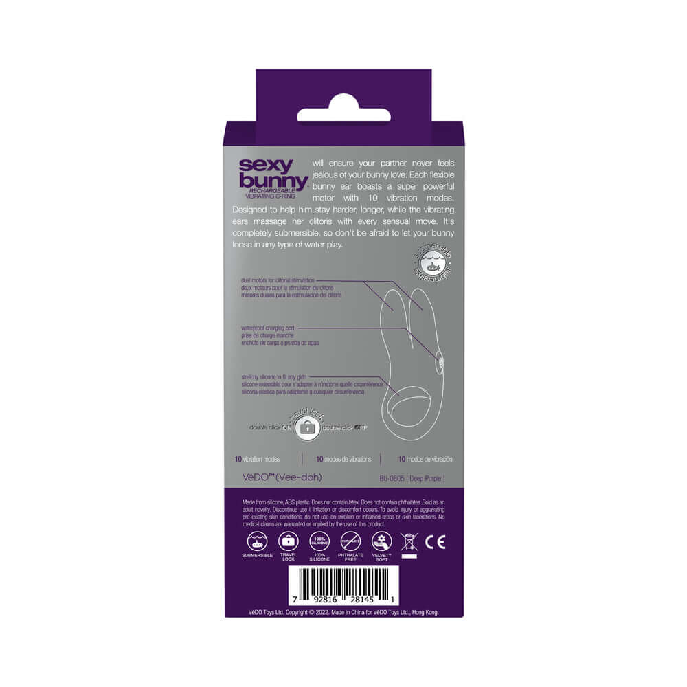 VeDO Sexy Bunny Rechargeable Vibrating C-Ring Deep Purple