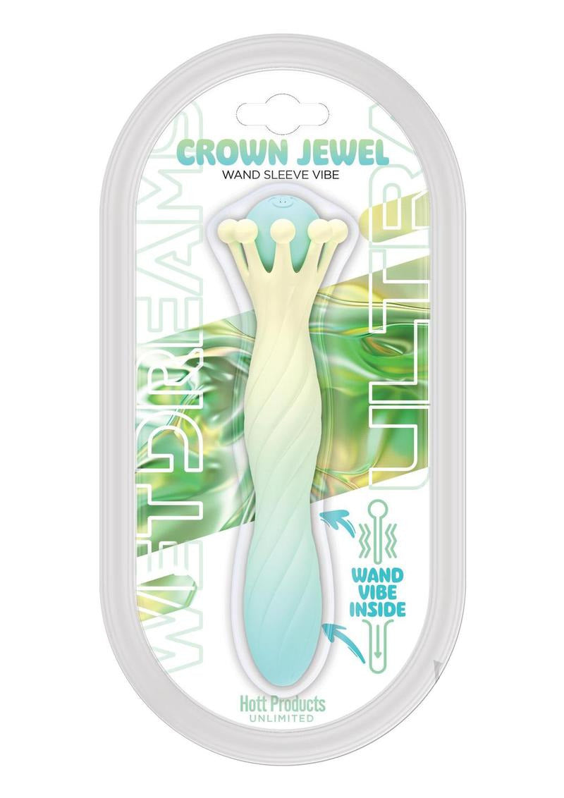 Wet Dreams Crown Jewel Scepter Vibrating Wand packaging showcasing the unique design and colors of the product.