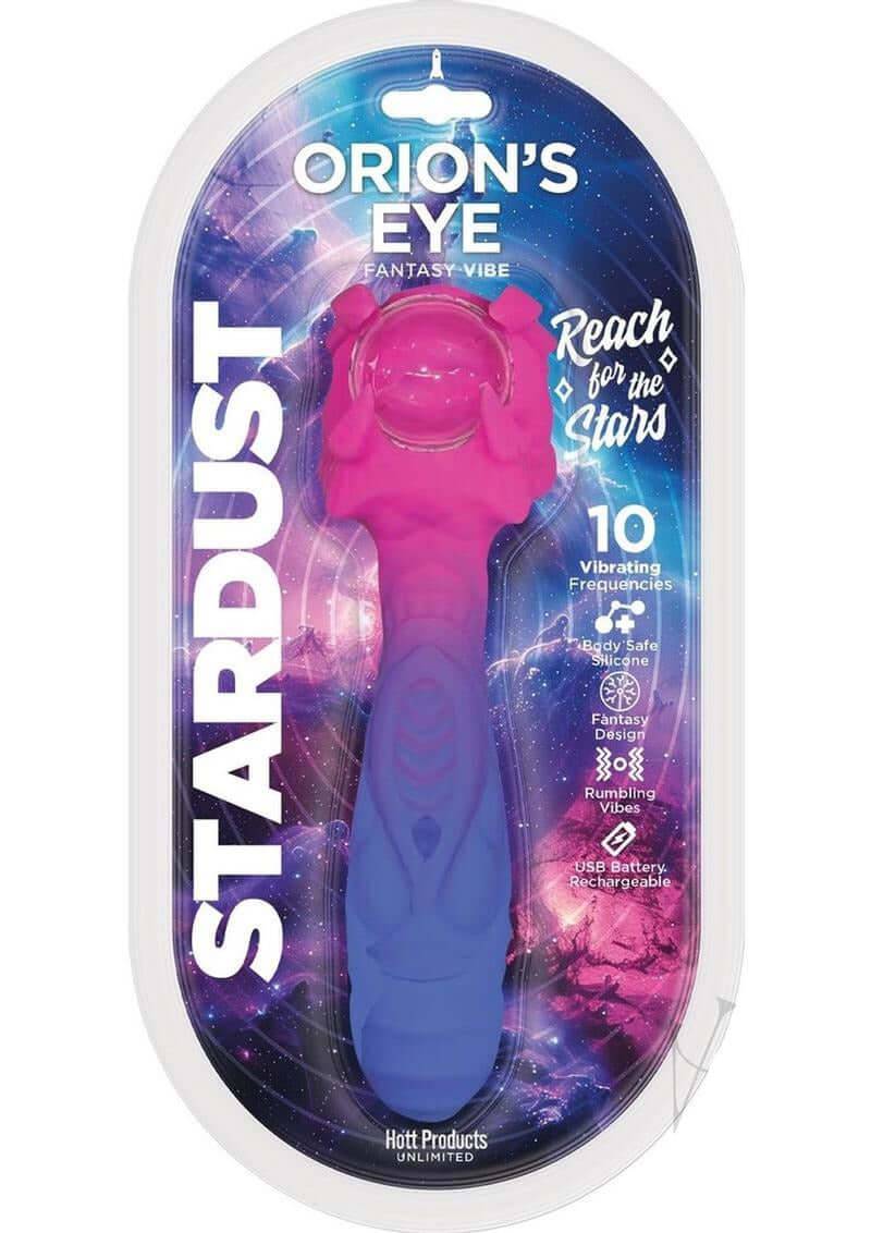 Stardust Orions Eye Silicone Vibrating Dildo Purple packaging featuring celestial design and 10 vibrating frequencies.