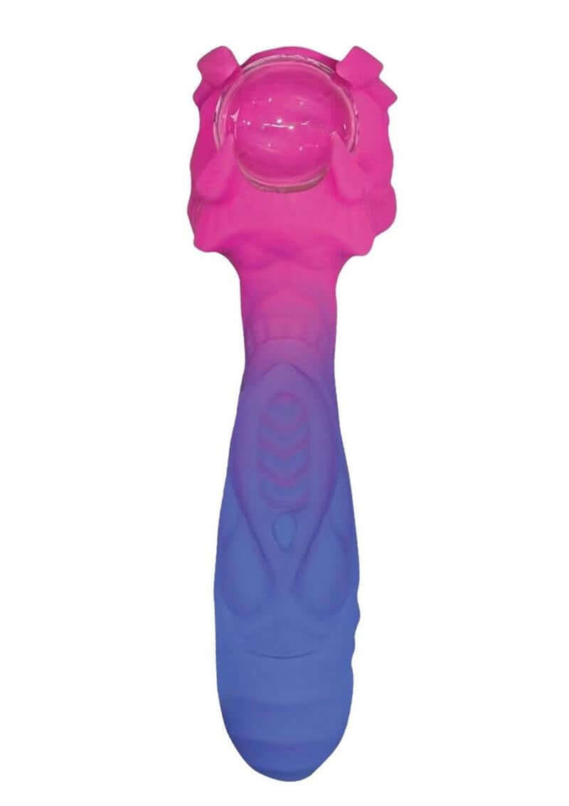 Stardust Orions Eye Silicone Vibrating Dildo Purple featuring a gradient design and heated glass sphere.