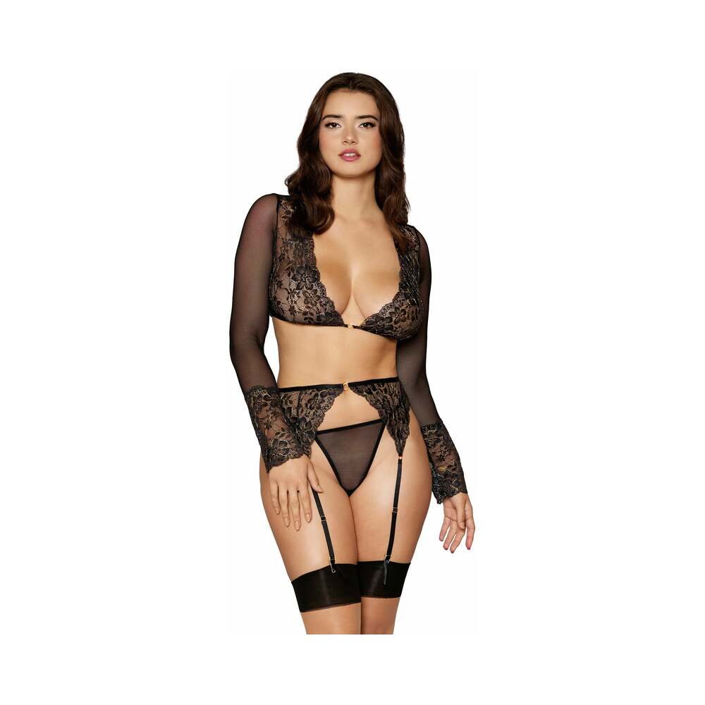 Dreamgirl Bralette, Garter Belt, G-String Set Black M