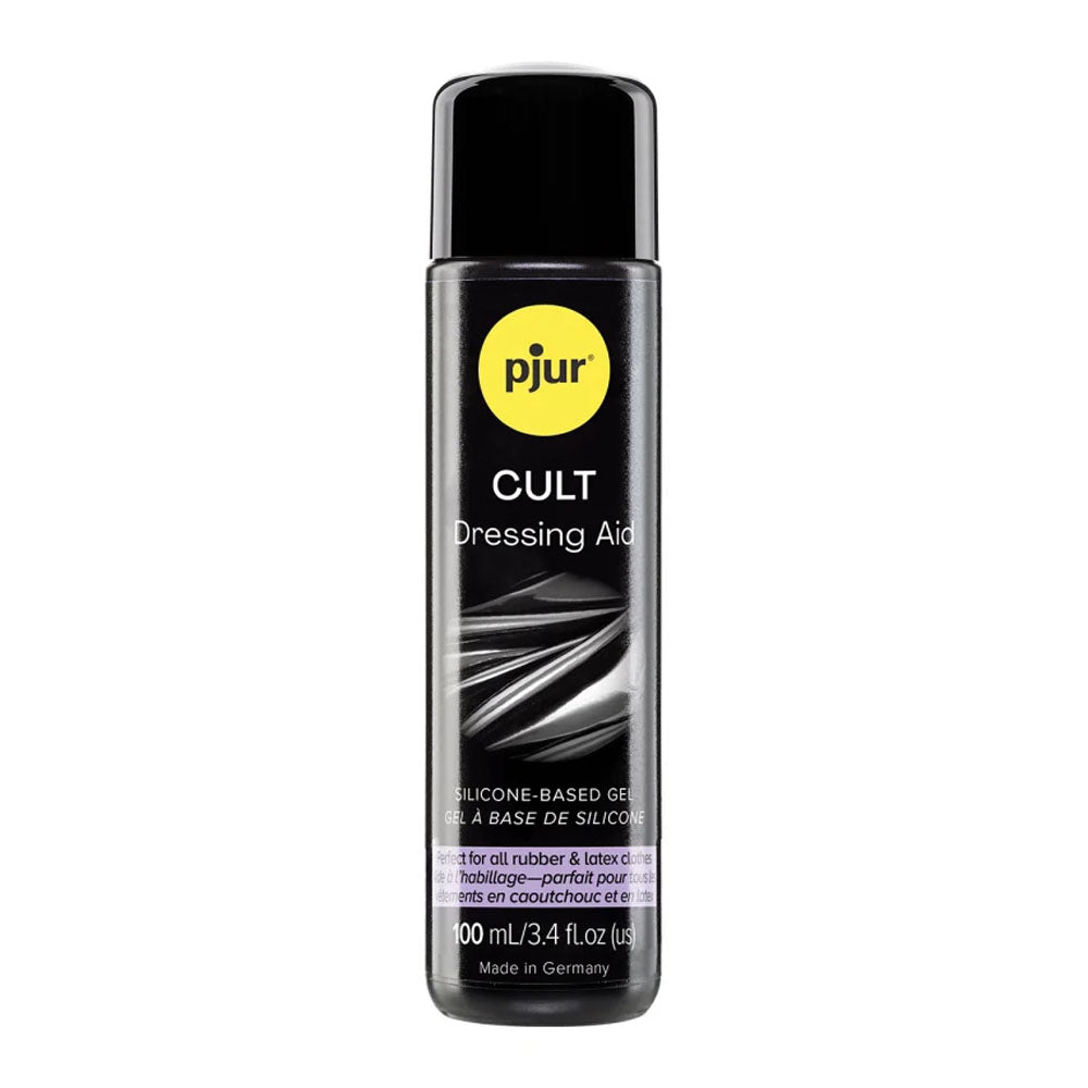 Pjur Cult Dressing Aid Silicone-based Gel 100 ml bottle designed for easy dressing in latex and rubber garments.