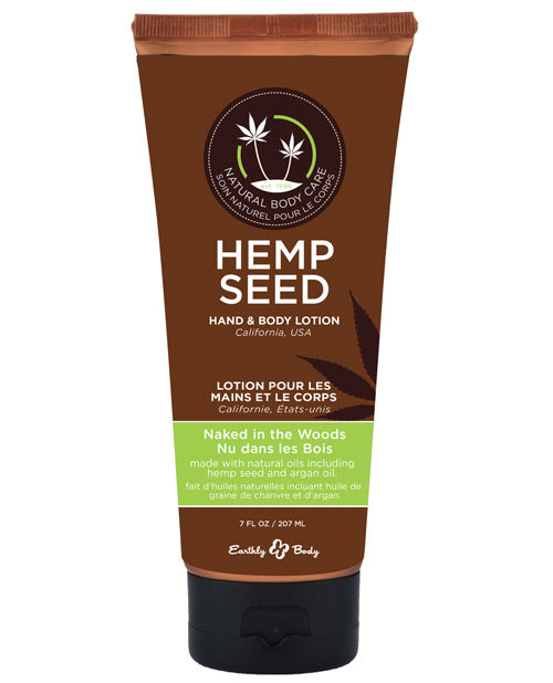 Earthly Body Hand & Body Lotion 7 oz Tube Naked in the Woods packaging with hemp seed design.