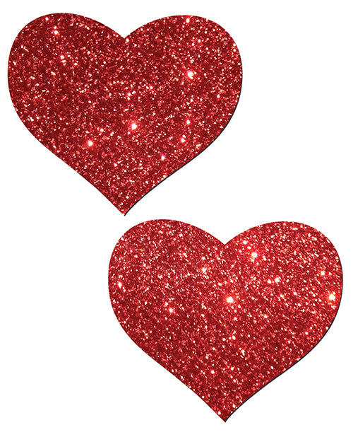 Pastease Glitter Heart Red Nipple Pasties in sparkling red glitter, perfect for bold fashion statements.