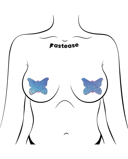 Pastease Premium Glitter Butterfly Pasties Blue on a model, showcasing shimmering butterfly coverage.
