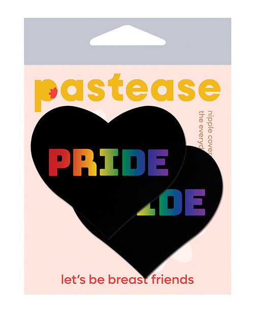 Pastease Pride Rainbow Black Adhesive Nipple Pasties packaging featuring heart-shaped pasties with rainbow text.