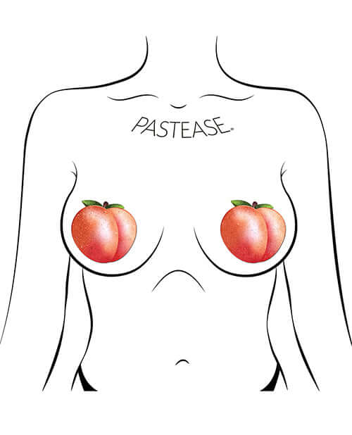 Pastease Fuzzy Sparkling Georgia Peach Nipple Pasties on a silhouette model, showcasing playful peach designs.
