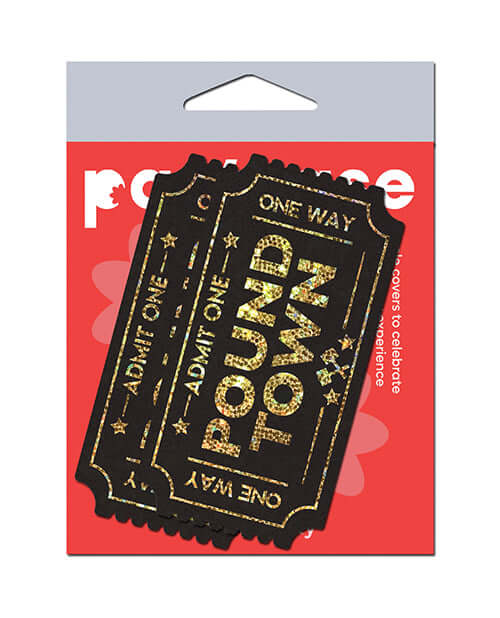 Pastease Premium Pound Town Glitter Black pasties in a playful ticket design with gold lettering on a red background.