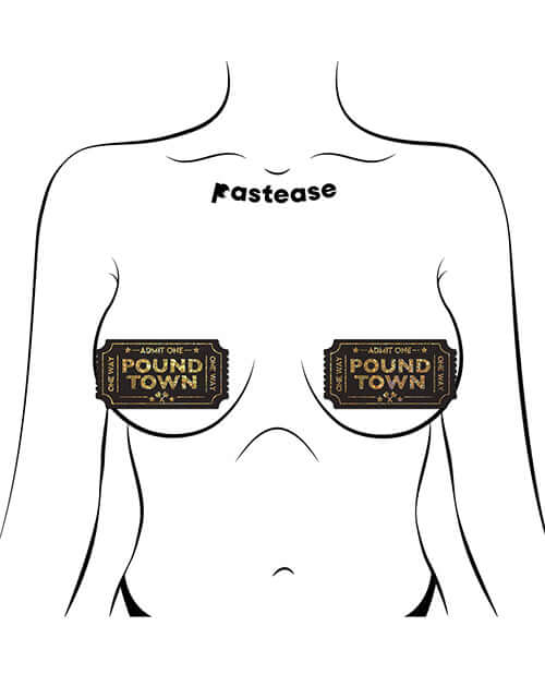 Pastease Premium Pound Town Glitter Black pasties displayed on an outline of a body, showcasing their playful design.