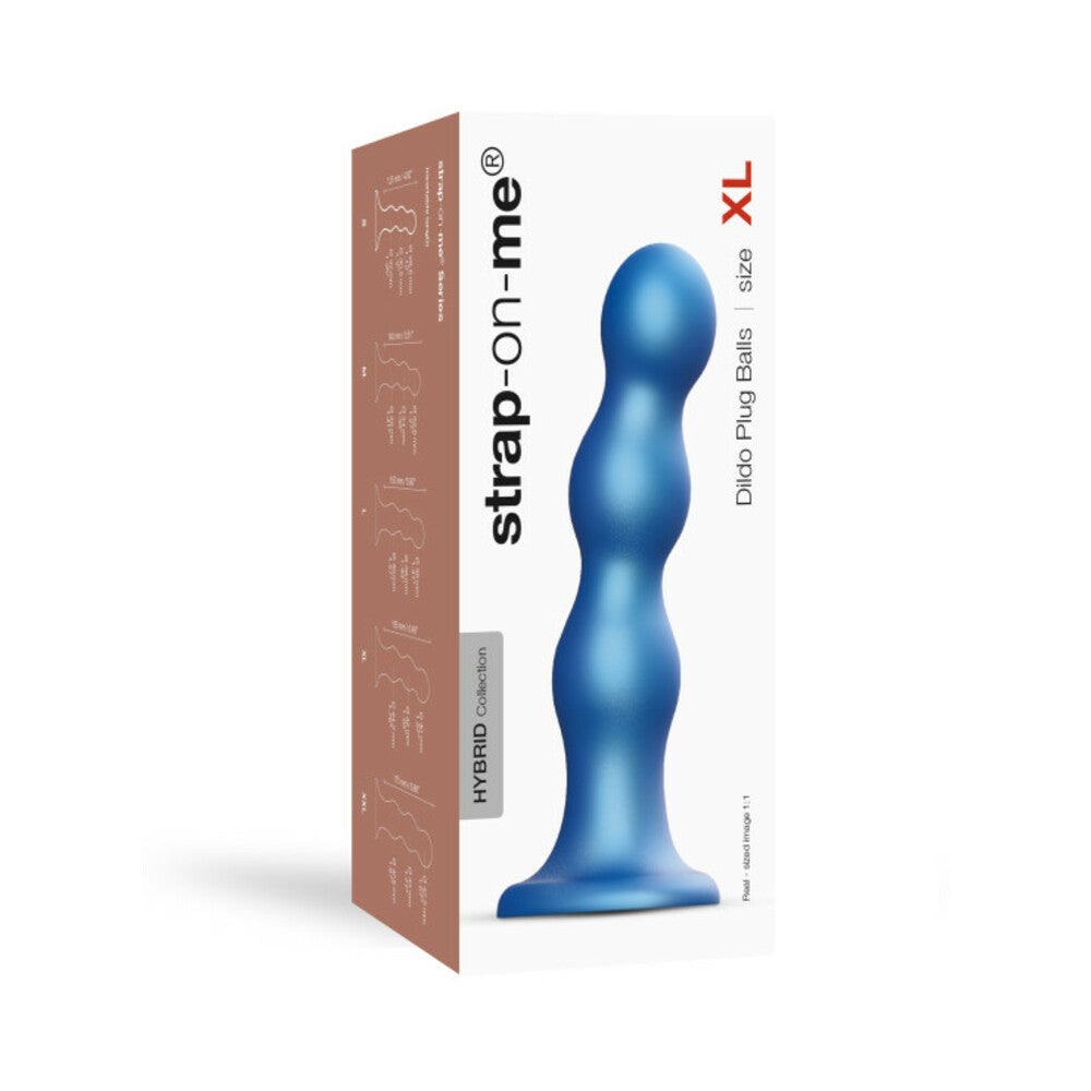 Strap-on-me Hybrid Silicone Dildo Plug Balls Metallic Blue X-large product packaging showing design and features.