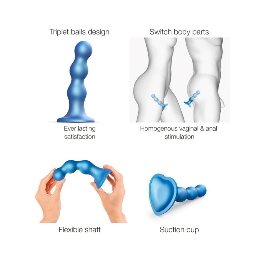 Strap-on-me Hybrid Silicone Dildo Plug Balls Metallic Blue X-large features triplet balls design and flexible shaft for satisfaction.