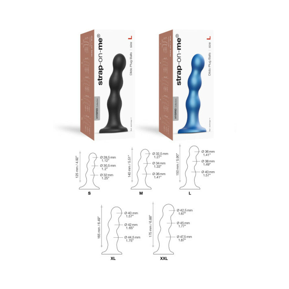 Strap-on-me Hybrid Silicone Dildo Plug Balls Metallic Blue X-large with packaging and size guide.