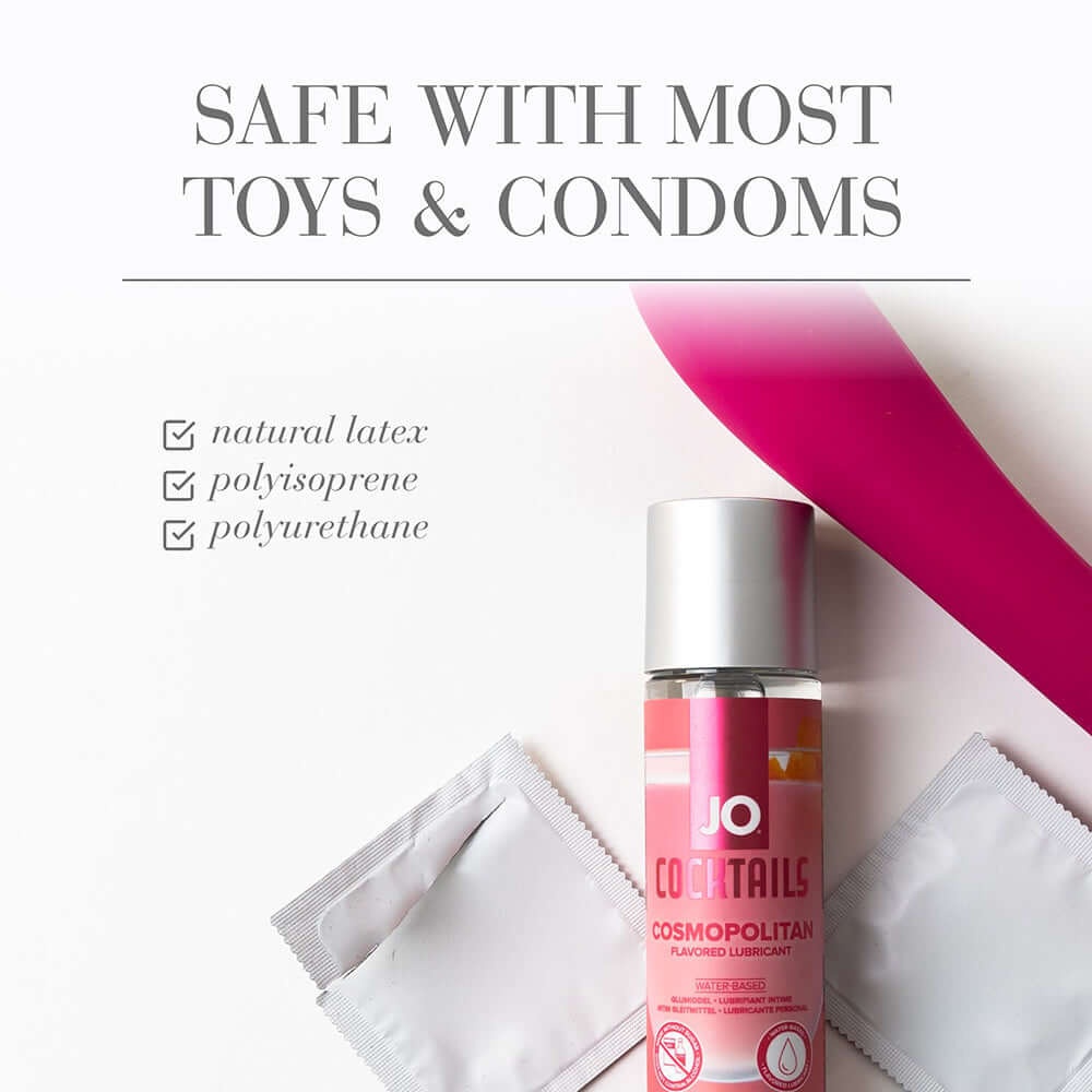 JO Cocktails Cosmopolitan Flavored Water-Based Lubricant 2 Oz bottle with condoms and safety information.