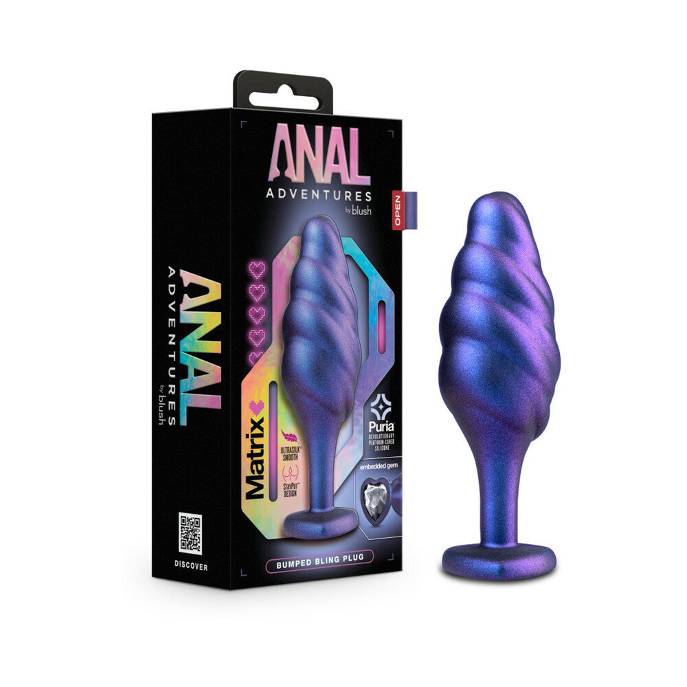 Anal Adventures Matrix Silicone Bumped Bling Plug Sapphire packaging and product display.