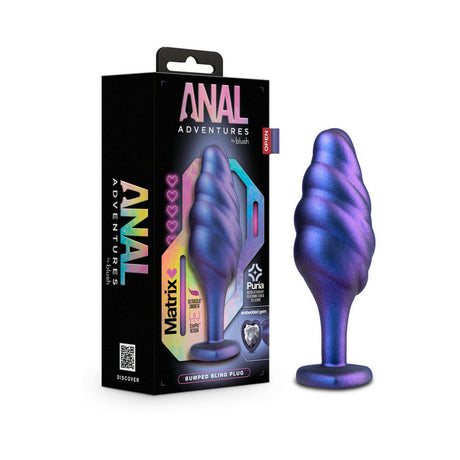Anal Adventures Matrix Silicone Bumped Bling Plug Sapphire packaging and product display.