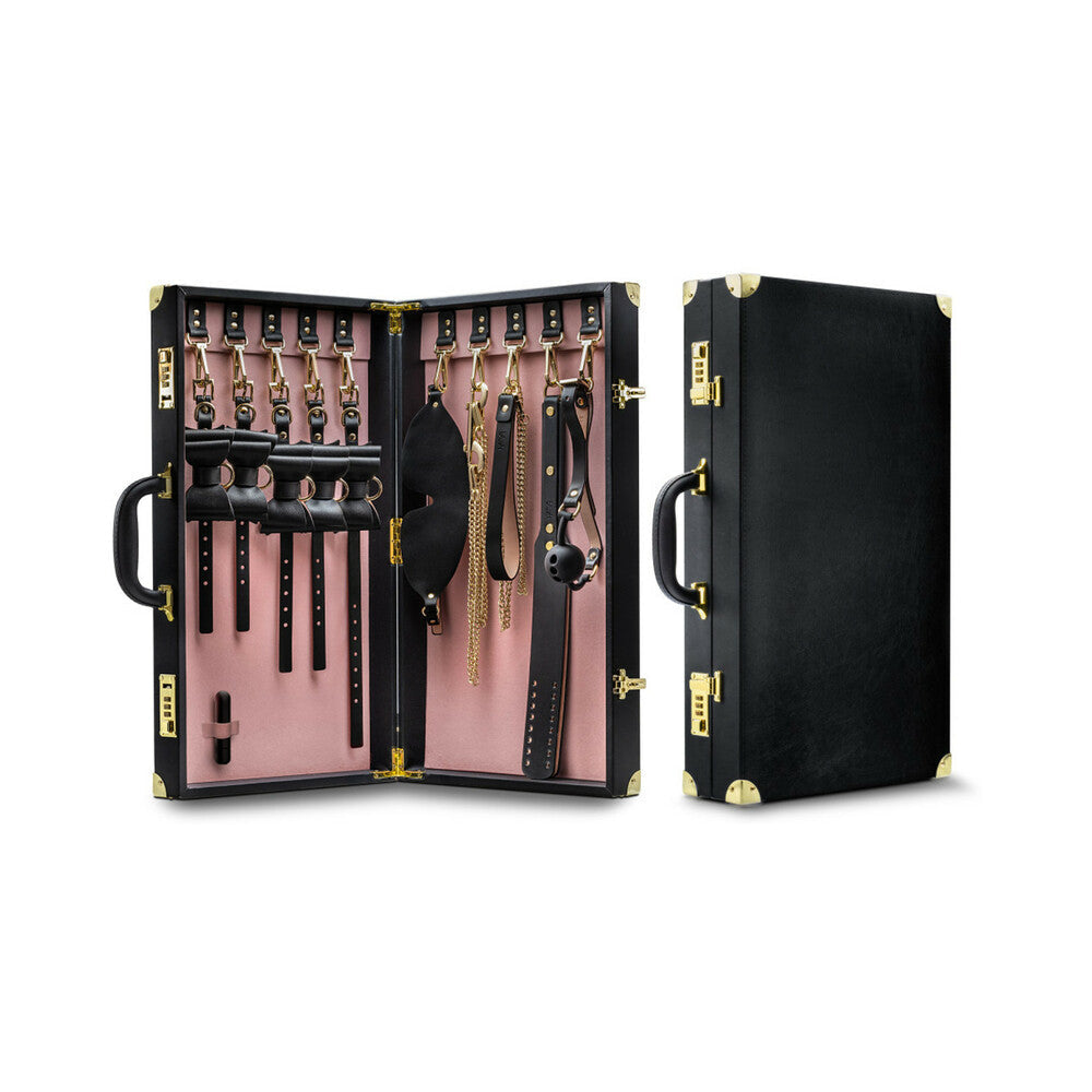 Temptasia Safe Word 10 Piece Bondage Kit with Suitcase Black open to display various BDSM accessories.