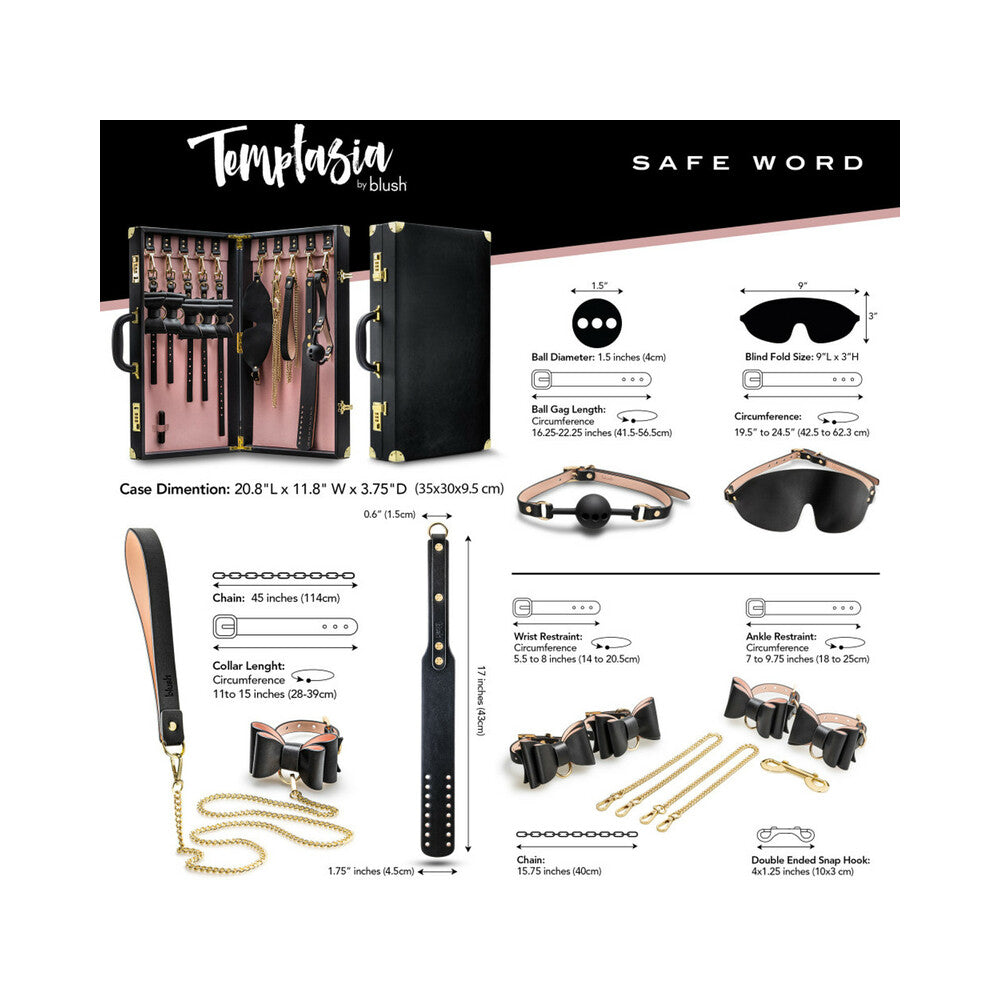 Temptasia Safe Word 10 Piece Bondage Kit with Suitcase Black contents and dimensions overview