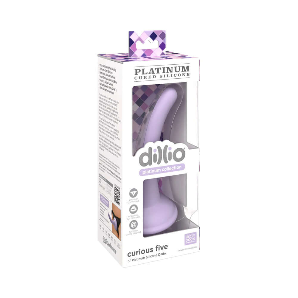 Dillio Platinum Collection Curious Five 5 inch Silicone Dildo Purple in packaging, featuring premium platinum-cured silicone.