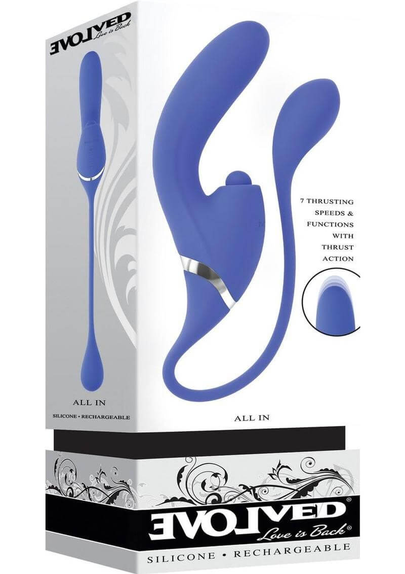 All In Rechargeable Silicone Dual Vibrator Blue in packaging showcasing its features and design.
