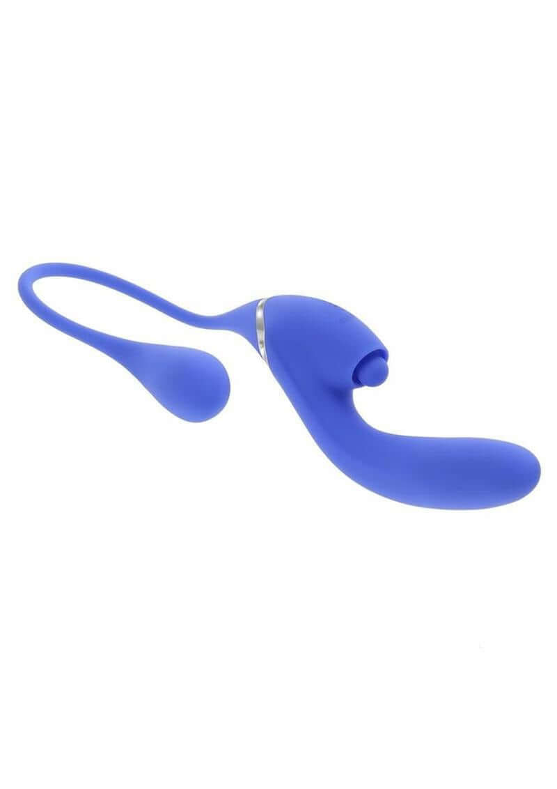 All In Rechargeable Silicone Dual Vibrator Blue, a triple-motor pleasure device for enhanced stimulation.