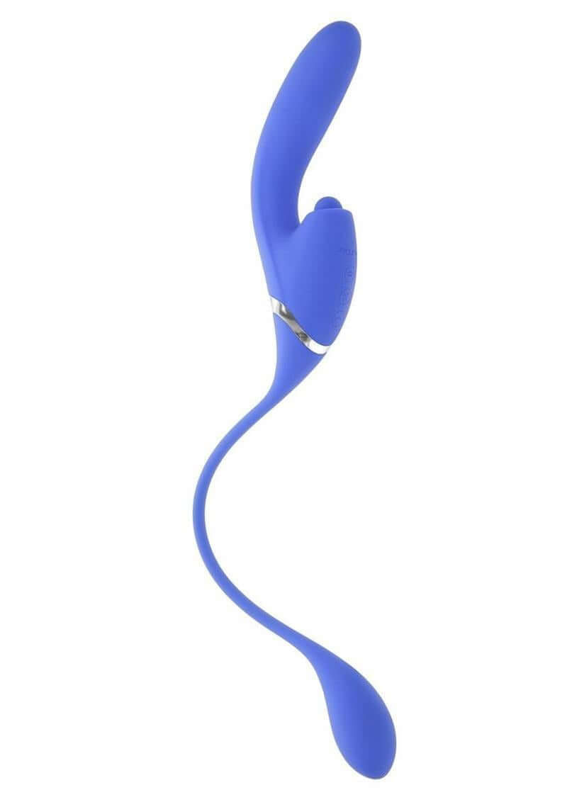 All In Rechargeable Silicone Dual Vibrator Blue displayed in a sleek design showcasing its dual stimulation features.