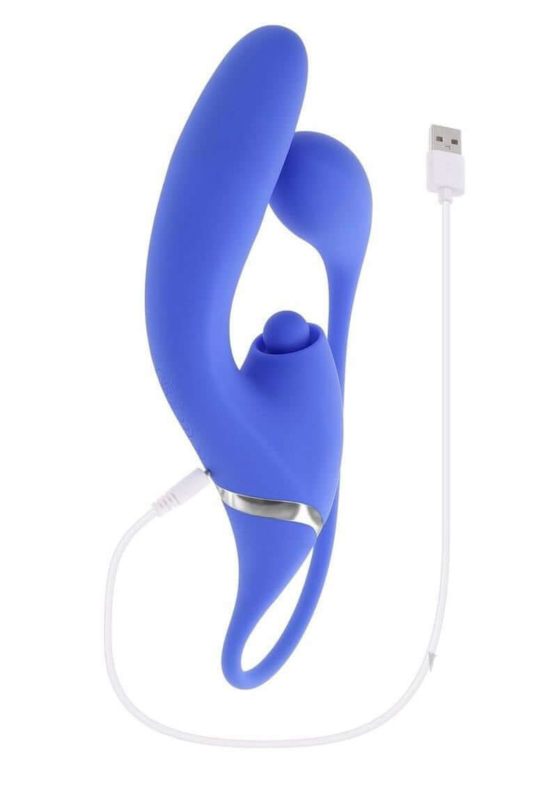 All In Rechargeable Silicone Dual Vibrator Blue, a triple-motor pleasure device with USB charging.