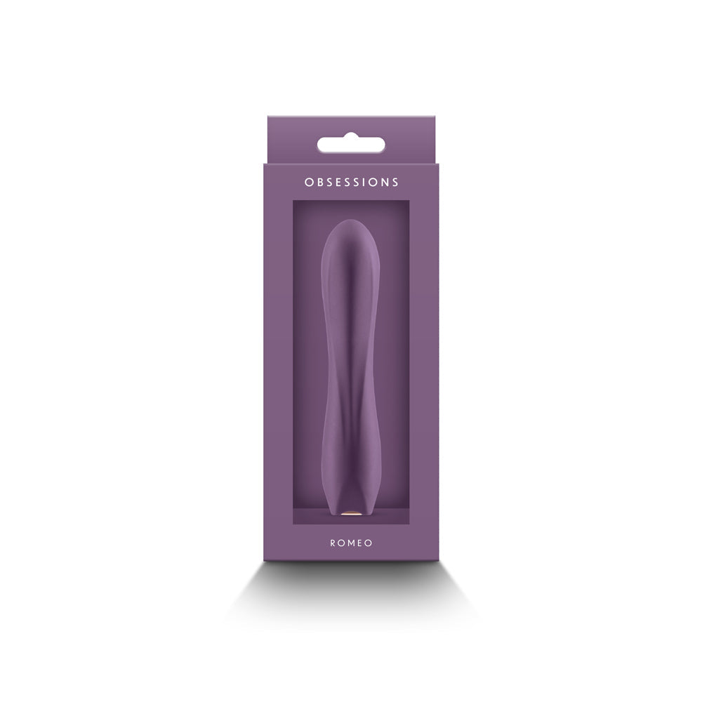 Obsession Romeo Vibrator Dark Purple in its elegant packaging showcasing its sleek design.