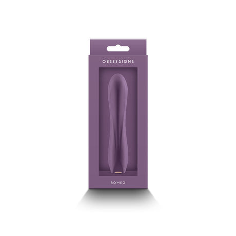 Obsession Romeo Vibrator Dark Purple in its elegant packaging showcasing its sleek design.
