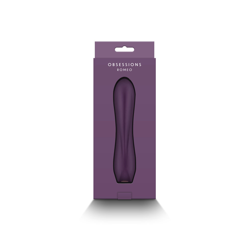 Obsession Romeo Vibrator Dark Purple packaging showcasing its sleek design and body-safe silicone.