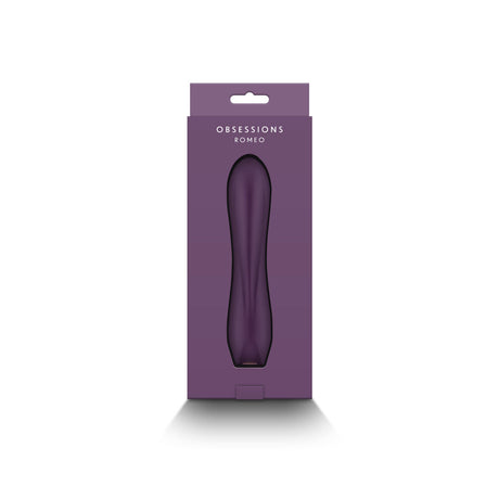 Obsession Romeo Vibrator Dark Purple packaging showcasing its sleek design and body-safe silicone.
