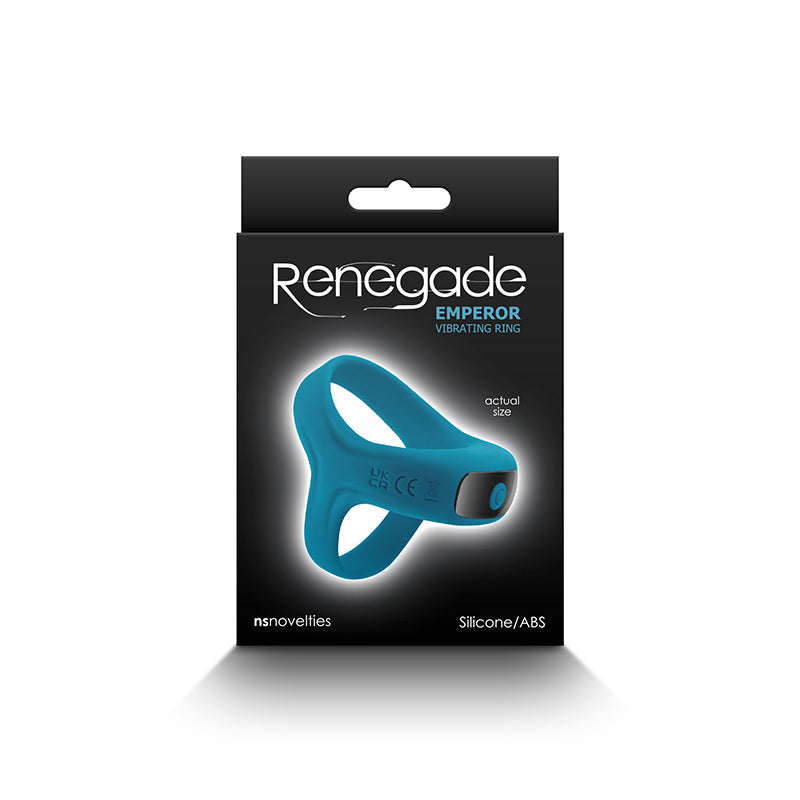 Renegade Emperor Vibrating Ring Teal packaging showcasing a sleek design and powerful features for enhanced intimacy.