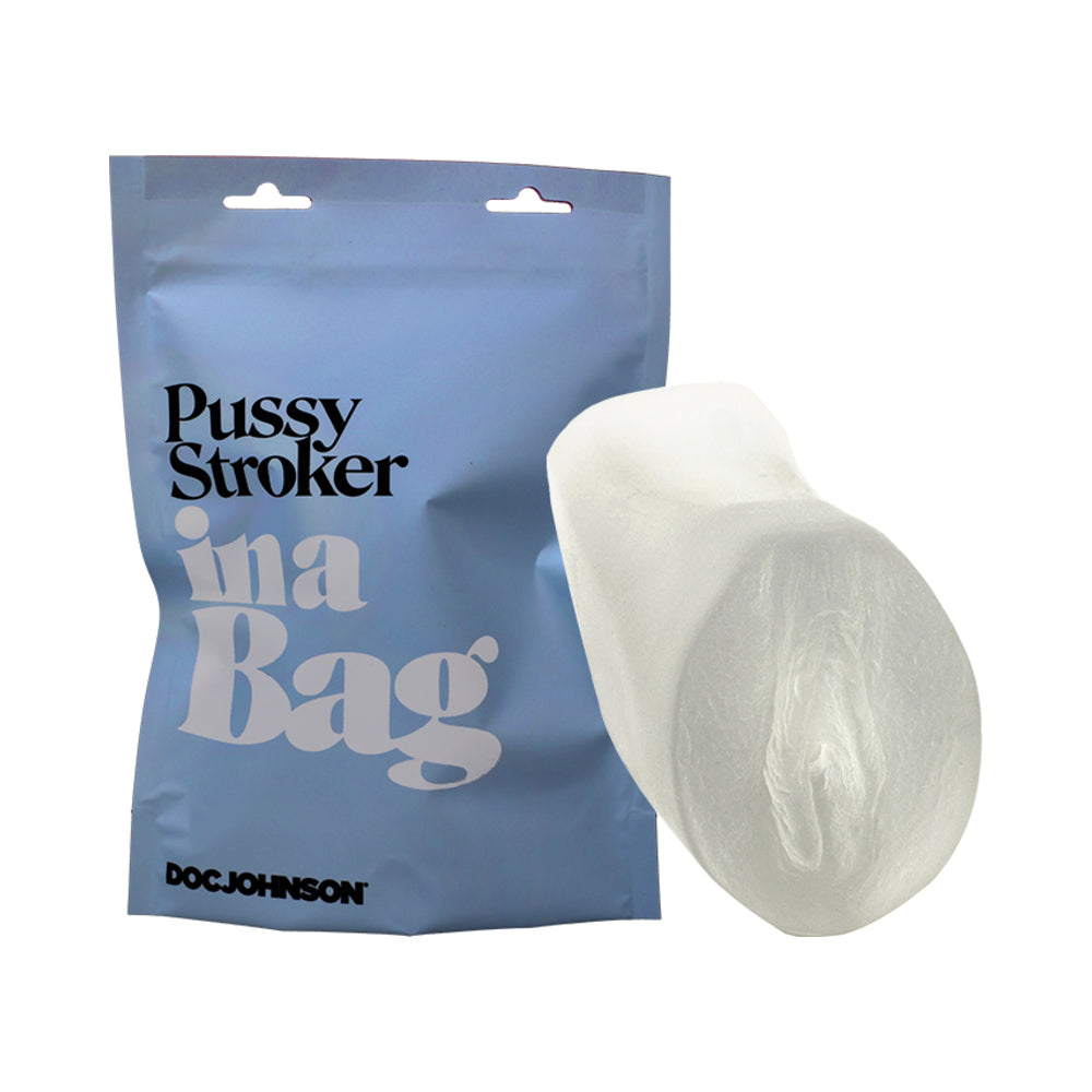Doc Johnson Pussy Stroker In A Bag Frost packaging with handheld stroker, showcasing the product for a realistic experience.
