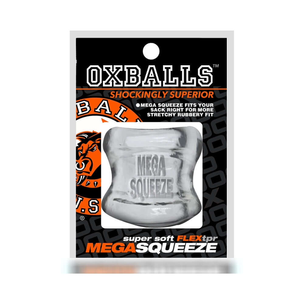 Oxballs Mega Squeeze Ergofit Ballstretcher Clear packaging with glossy finish and ergonomic design features.