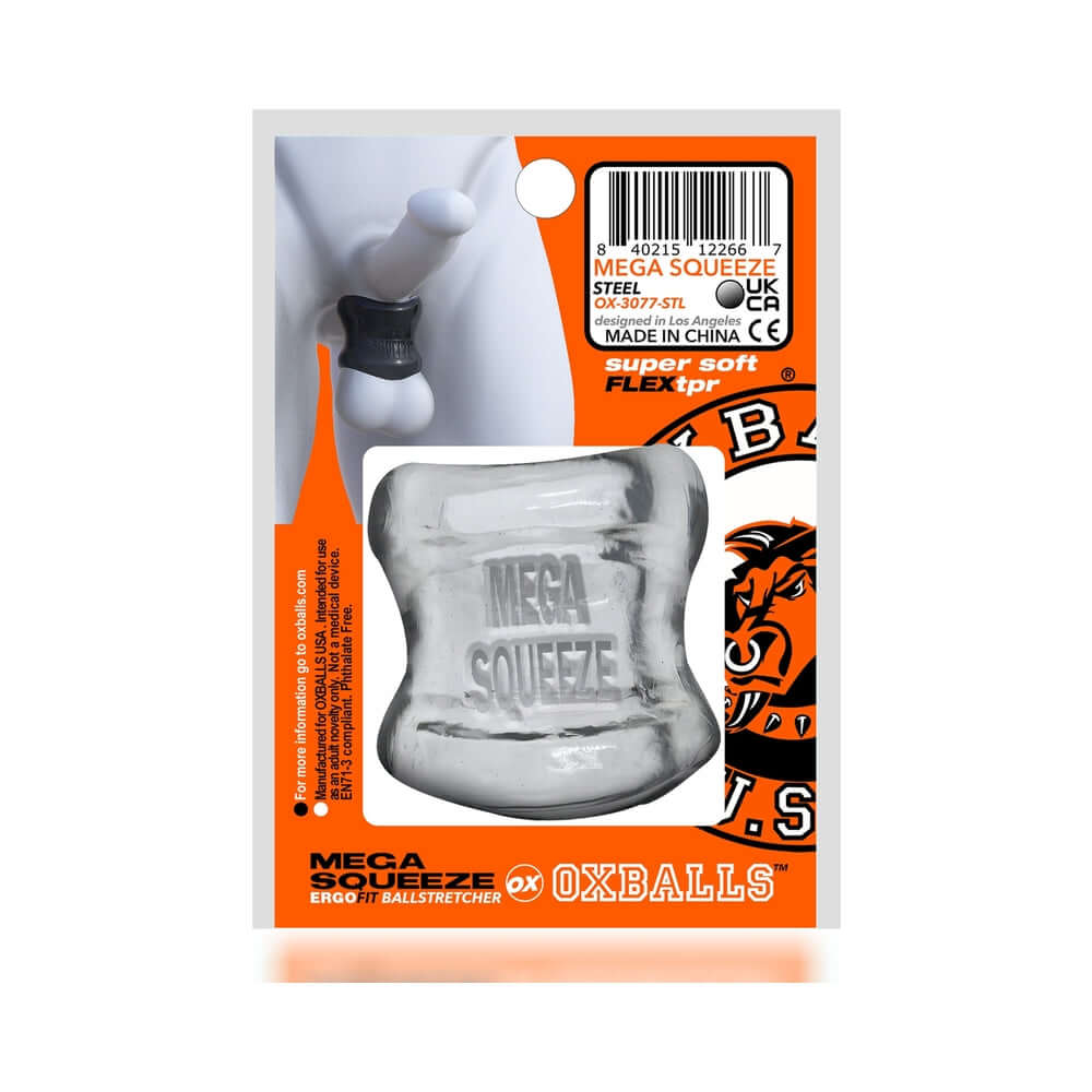 Oxballs Mega Squeeze Ergofit Ballstretcher Clear packaging front view with glossy TPR material.