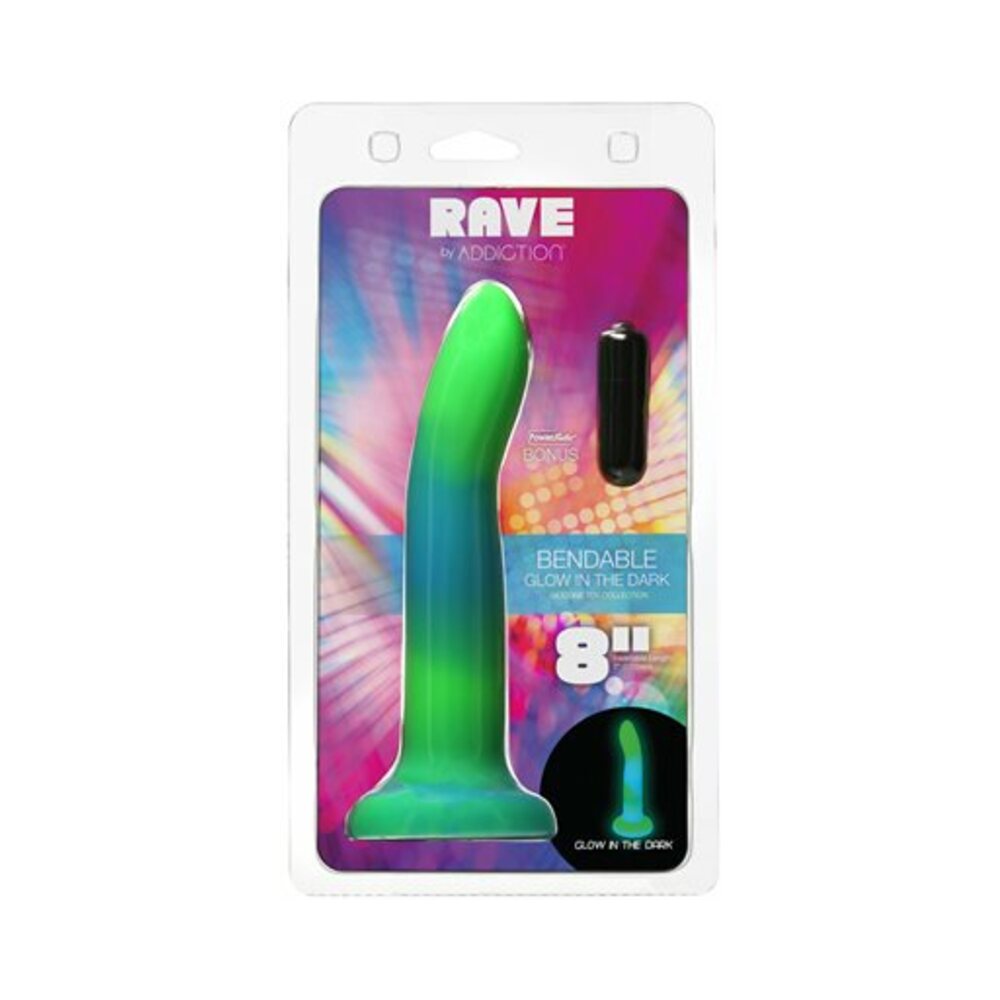 Addiction Rave Bendable 8 inches Silicone Dildo Glow in the Dark Blue Green